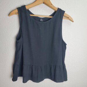 Anrabess Sleeveless Top Ruffle Hem Button Back Linen Rayon Black Womens Size S